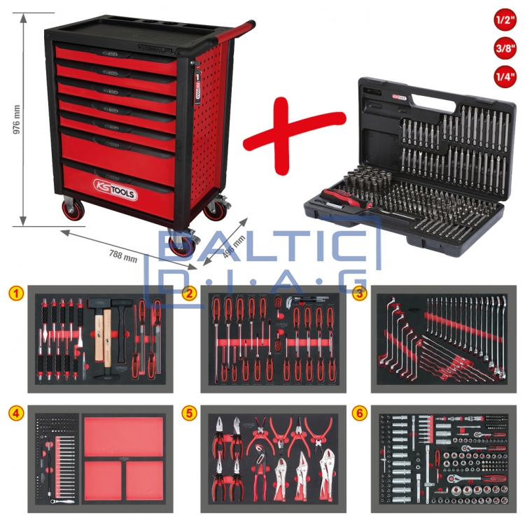 RACINGline tool trolley with 7 drawers and 598 tools
