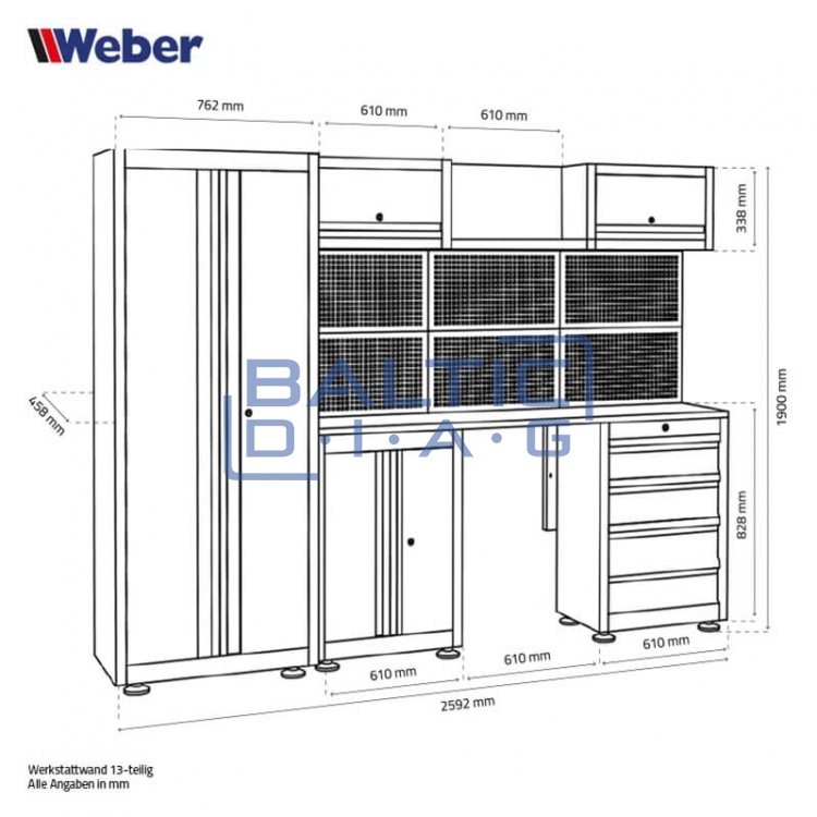 Профессиональная 13-компонентная система шкафов для мастерской Weber 450