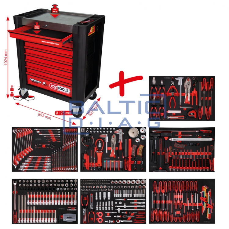 Performanceplius įrankių vežimėlis KStools P10 su 397 įrankiais ir 8 stalčiais.