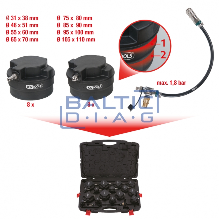 KS Tools turbokompresoriaus sistemos slėgio matavimo rinkinys, su adapteriais, 17 vnt.