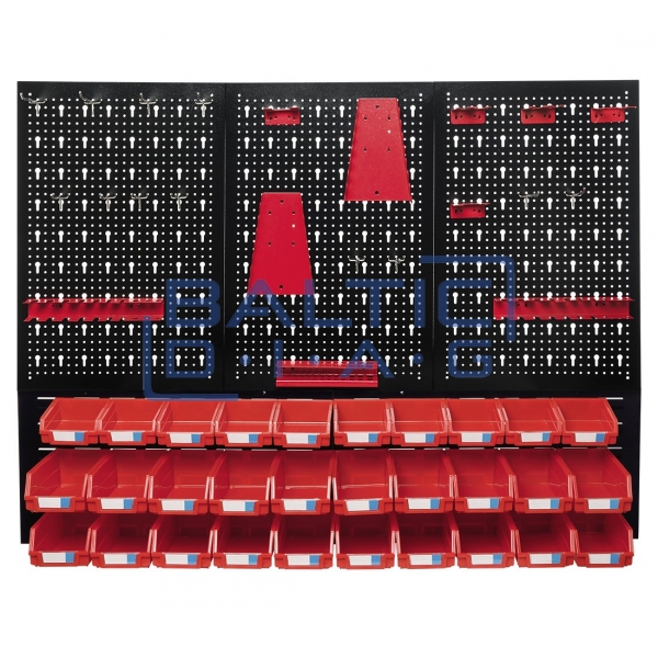 Hanging perforated wall for tools with 52 parts