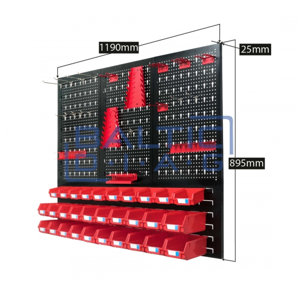 Hanging perforated wall for tools with 52 parts