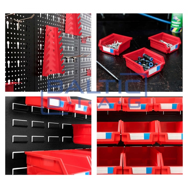 Hanging perforated wall for tools with 52 parts
