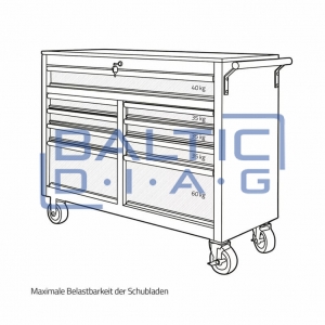 Mobile workshop trolley with 9 drawers and wooden worktop, filled with 298 tools