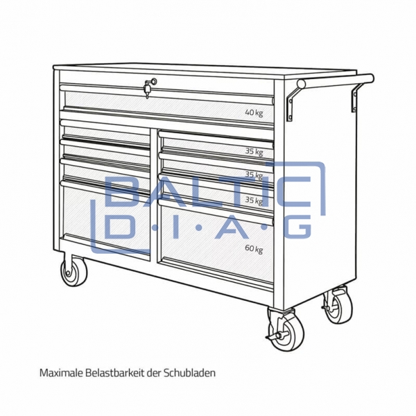 Mobile workshop trolley with 9 drawers and wooden worktop, filled with 298 tools