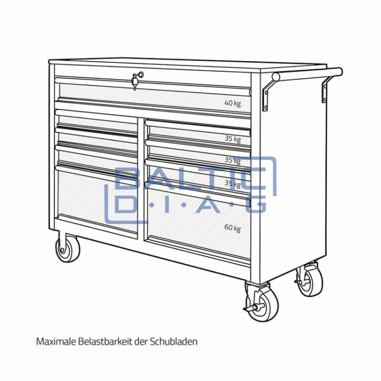 Mobile workshop trolley with 9 drawers and wooden worktop, filled with 298 tools