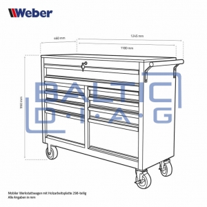 Mobile workshop trolley with 9 drawers and wooden worktop, filled with 298 tools