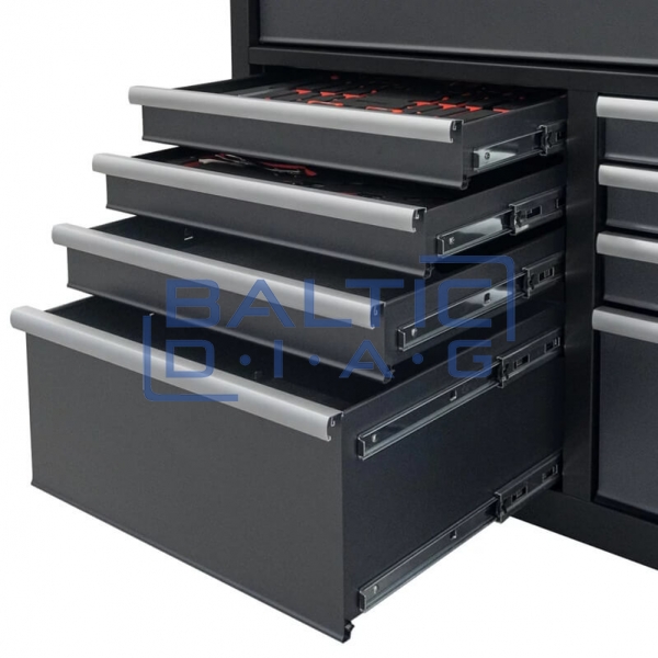 Mobile workshop trolley with 9 drawers and wooden worktop, filled with 298 tools