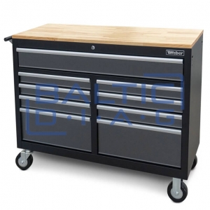 Mobile workshop trolley with 9 drawers and wooden worktop, filled with 298 tools