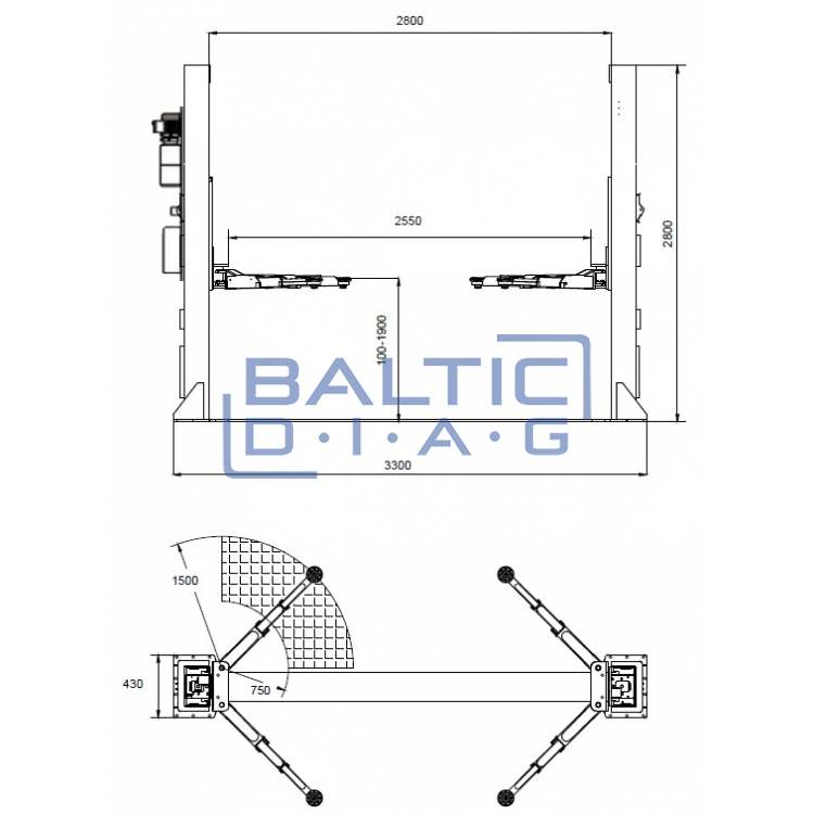 Double post lifter with electromagnetic safety locking, 3 + 3-steps arms 4t BD-4000EL33