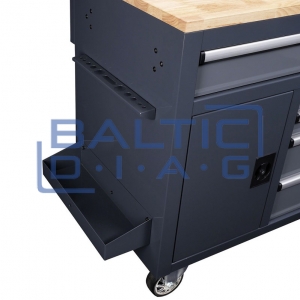 Mobile workbench with wall and wooden table top