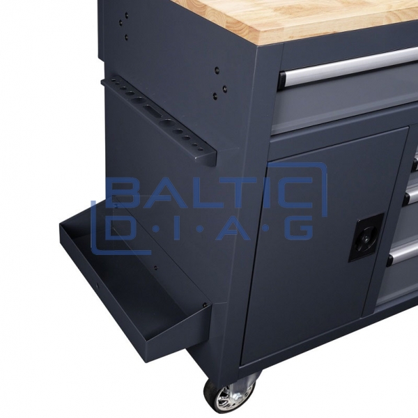 Mobile workbench with wall and wooden table top