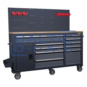 Mobile workbench with wall and wooden table top