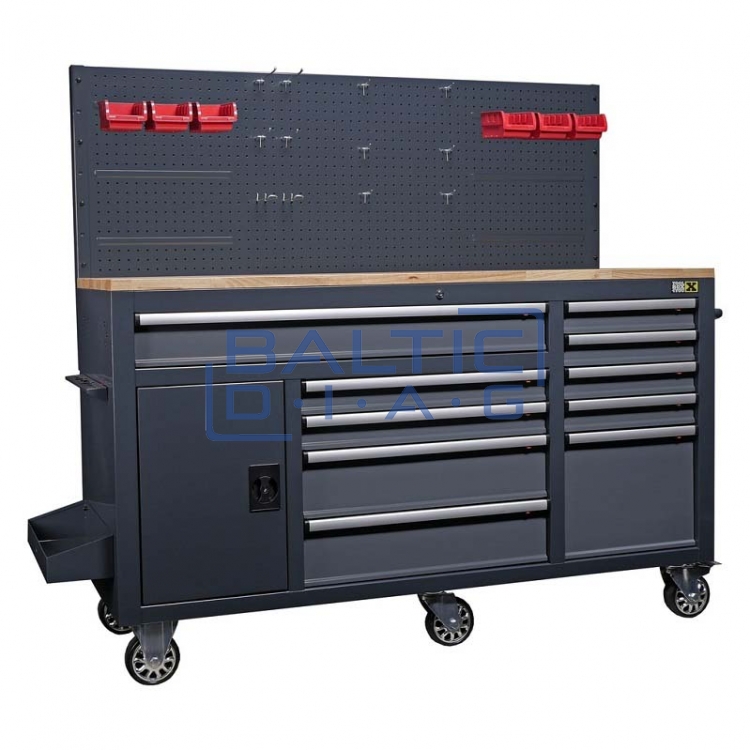 Mobile workbench with wall and wooden table top
