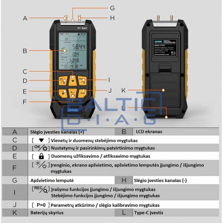 Прибор измерения давления воздуха Autool PT520