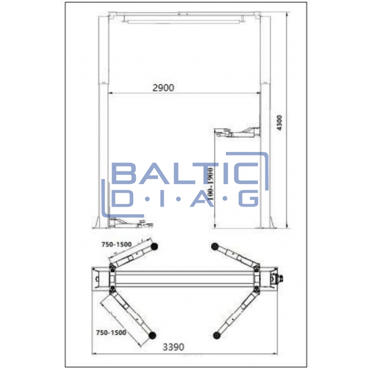 Two post lift with electromagnetic Locking and 3 + 3 stage arms, 4.5T BD-4500VEL33