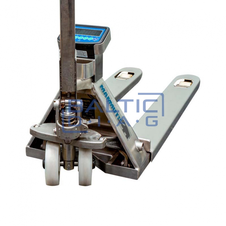 Stainless steel pallet trolley 2500 kg with scales, 115 cm