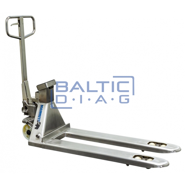 Stainless steel pallet trolley 2500 kg with scales, 115 cm