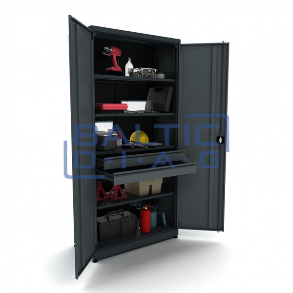 Metal work cabinet with 4 shelves and 2 drawers Valkenpower