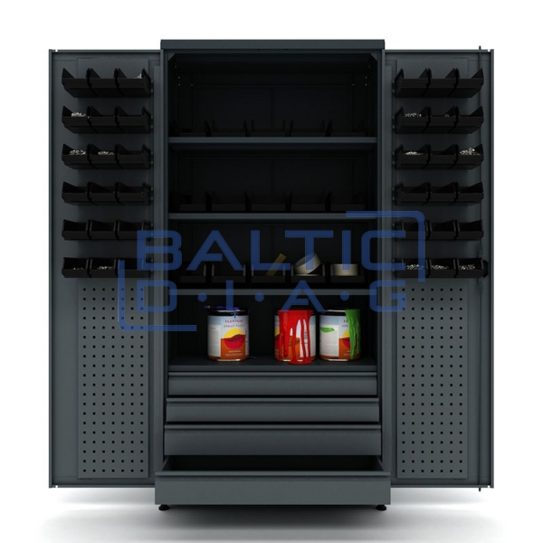 Metal work cabinet with 4 drawers, 4 shelves and boxes Valkenpower