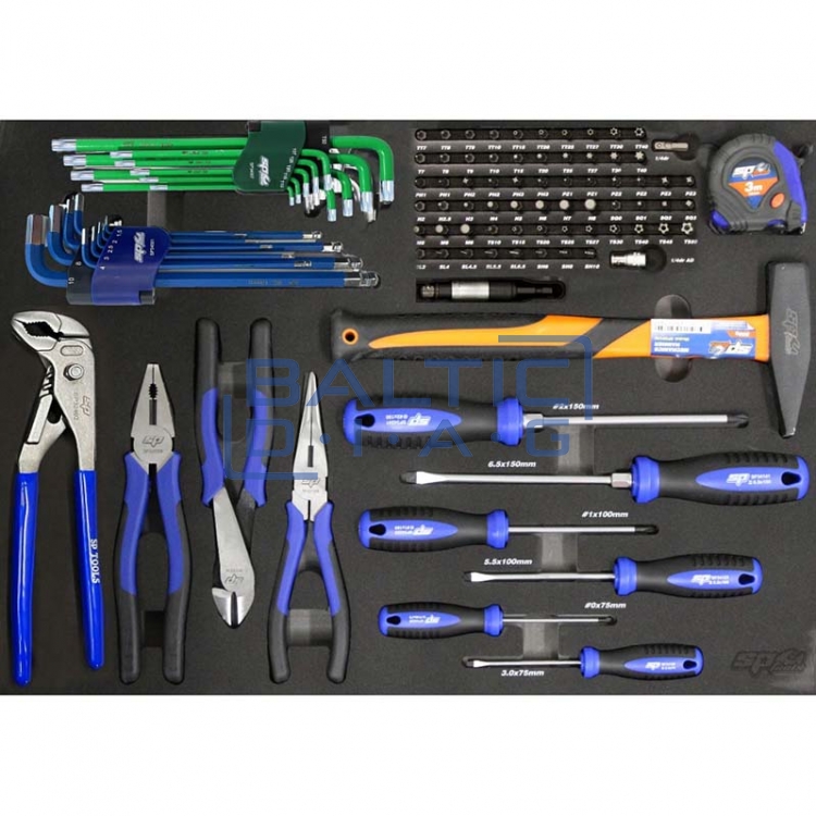 Įrankių vežimėlis su 233 vnt. įrankių 7 stalčiuose SP Tools Custom Series