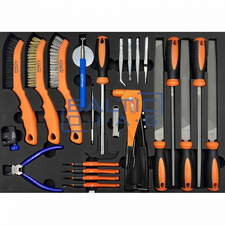 Įrankių vežimėlis su 14 stalčių ir 425 vnt. įrankiais SP Tools Custom Series
