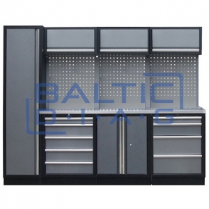 Professional stationary workbench with backing panel and wall cabinets