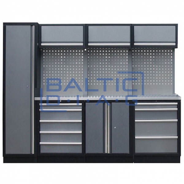 Professional stationary workbench with backing panel and wall cabinets