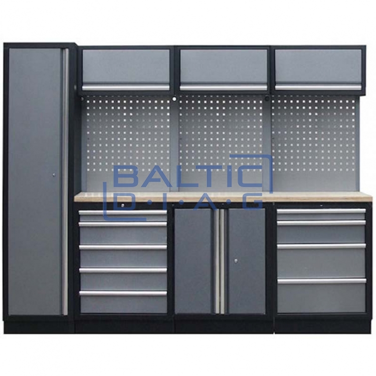 Professional stationary workbench with backing panel and wall cabinets