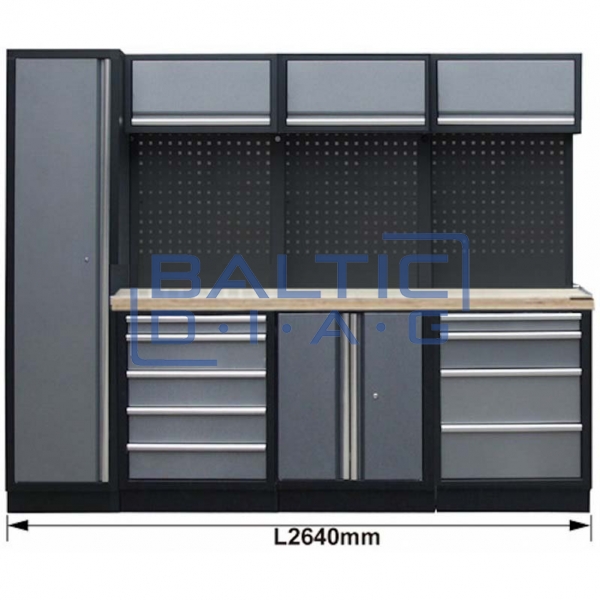 Professional stationary workbench with backing panel and wall cabinets