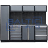 Professional stationary workbench with backing panel and wall cabinets