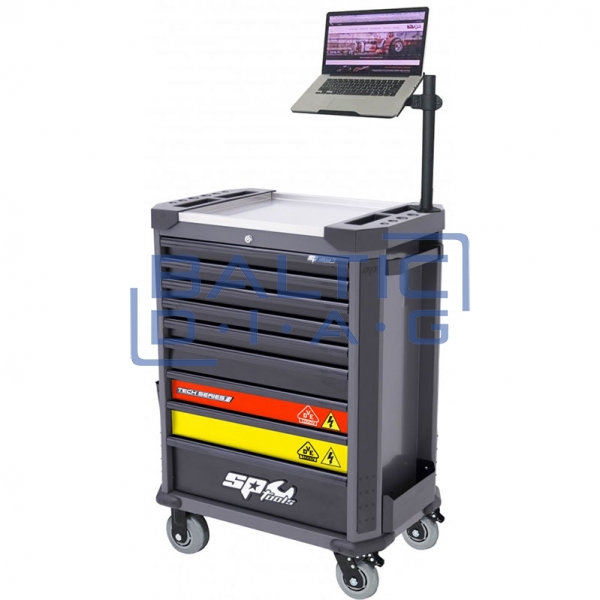 Tool trolley for electric vehicle servicing with 9 drawers, 199 tools, and laptop stand SP Tools Tech Series