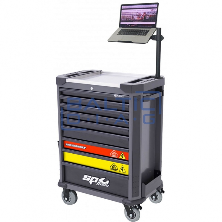 Tool trolley for electric vehicle servicing with 9 drawers, 199 tools, and laptop stand SP Tools Tech Series