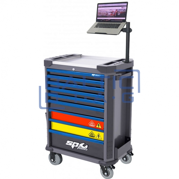 Tool trolley for electric vehicle servicing with 9 drawers, 199 tools, and laptop stand SP Tools Tech Series
