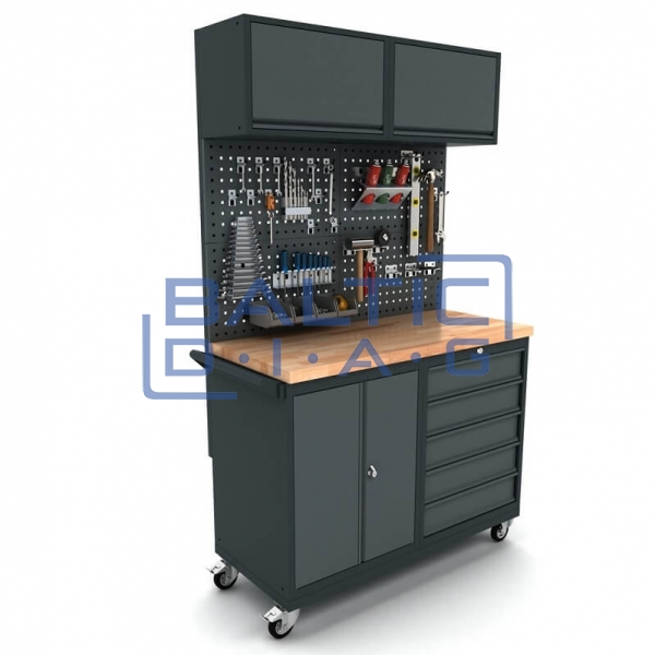 Mobile workbench with 2-door cabinet, 5 drawers, tool wall, and top cabinets