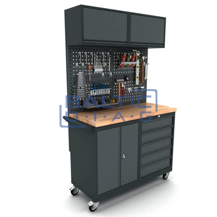Mobile workbench with 2-door cabinet, 5 drawers, tool wall, and top cabinets