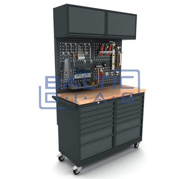 Mobile workbench with 2x 7-drawer cabinets, tool wall, and top cabinets