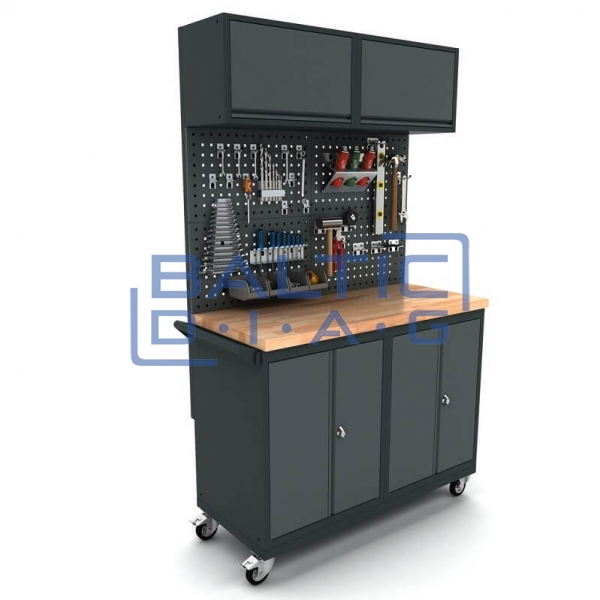 Mobile workbench with 2x 2-door cabinets, tool wall, and top cabinets