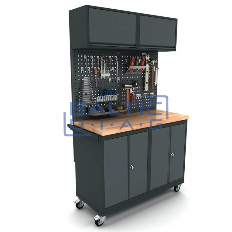 Mobile workbench with 2x 2-door cabinets, tool wall, and top cabinets