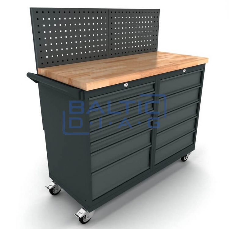 Mobile workbench with 12-drawer cabinets and tool wall