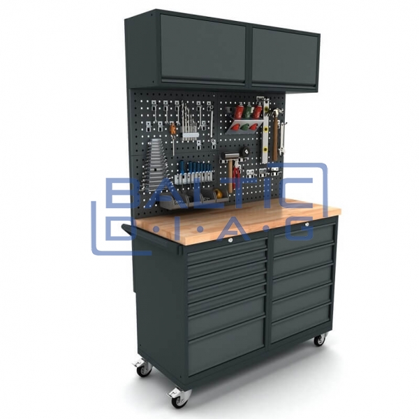 Mobile workbench with 12-drawer cabinets, tool wall, and top cabinets