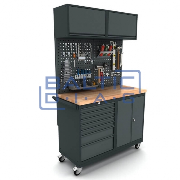 Mobile workbench with 2-door and 7-drawer cabinet, tool wall, and top cabinets