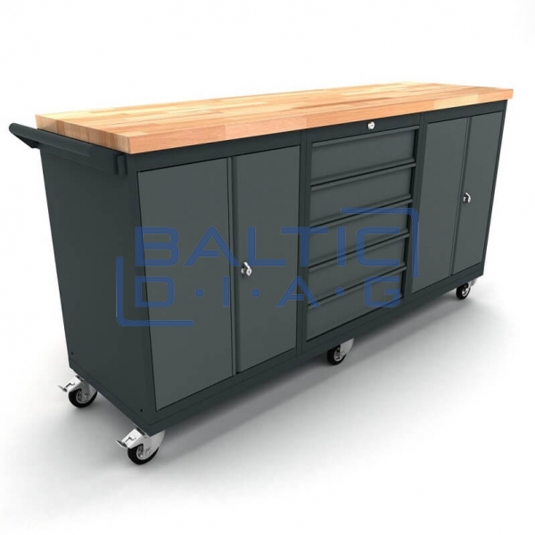 Mobile workbench with 2x 2-door and 5-drawer cabinets
