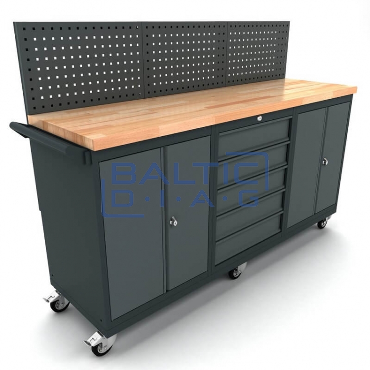Mobile Workbench with 2x 2-Door and 5-Drawer Cabinets, Including Tool Wall