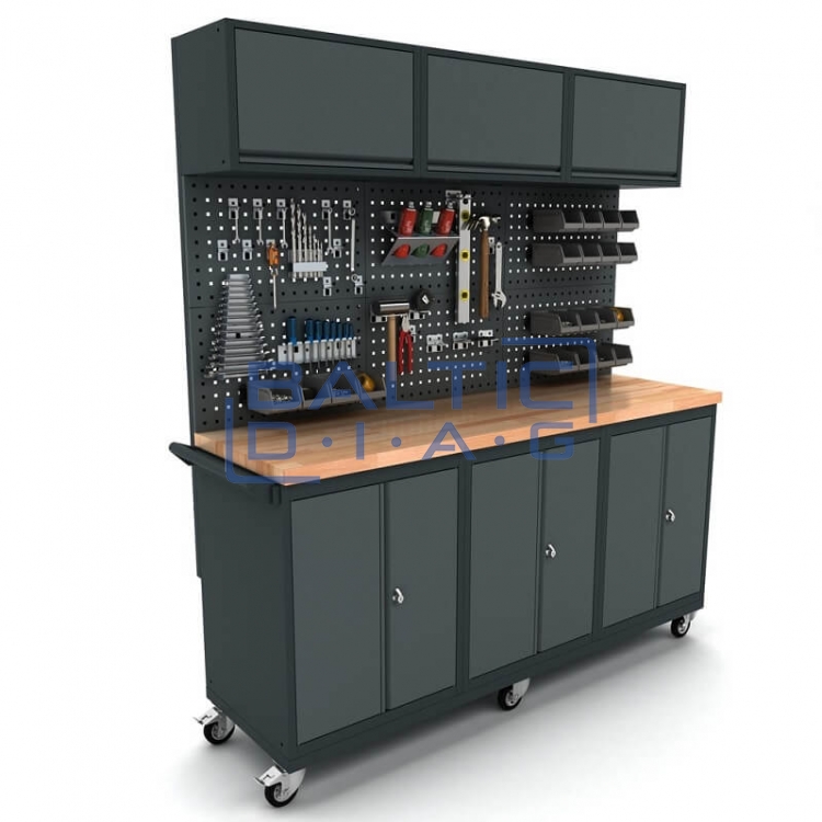 Mobile workbench with 3x 2-door cabinets, tool wall, and top cabinets