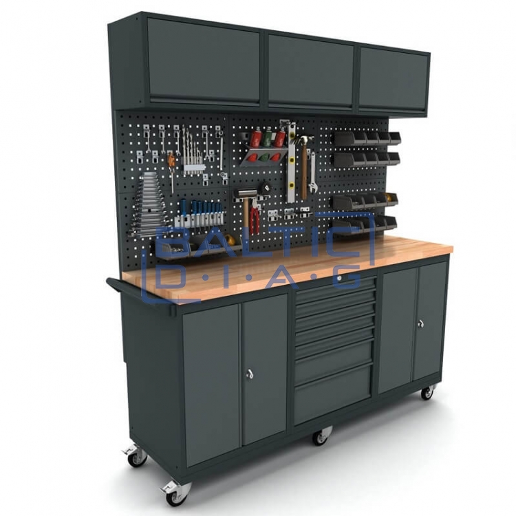 Mobile Workbench with 2x 2-Door and 7-Drawer Cabinets, Tool Wall, and Top Cabinets