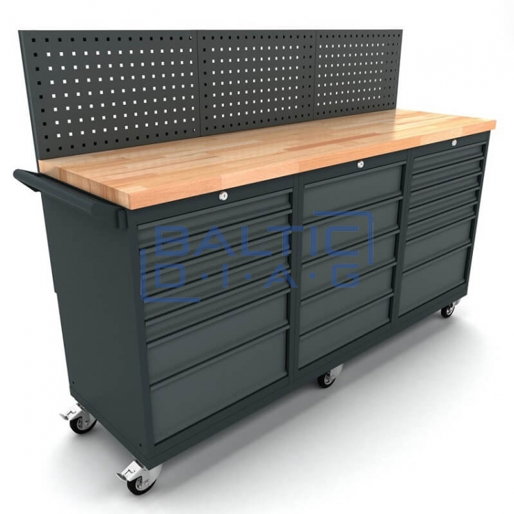 Mobile workbench with 2x 7-drawer and 1x 5-drawer cabinets, including tool wall