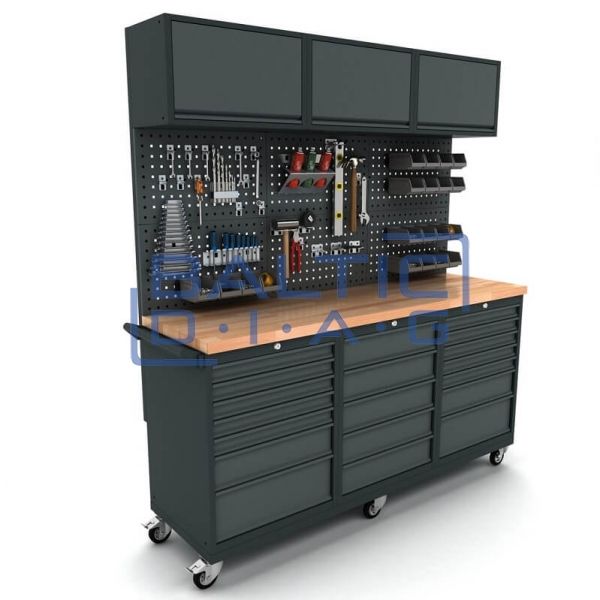 Mobile workbench with 2x 7-drawer and 1x 5-drawer cabinets, tool wall, and top cabinets