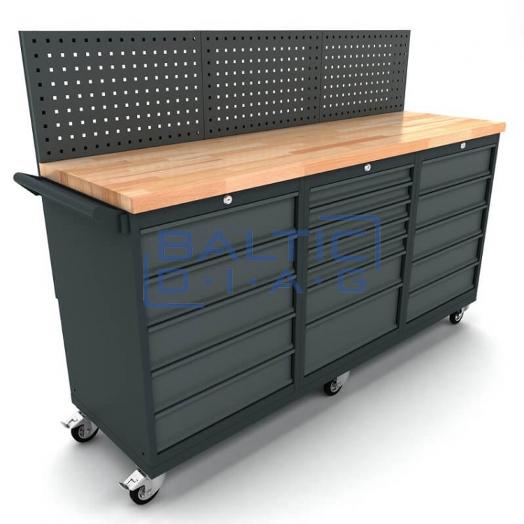 Mobile workbench with 2x 5-drawer and 1x 7-drawer cabinets, including tool wall