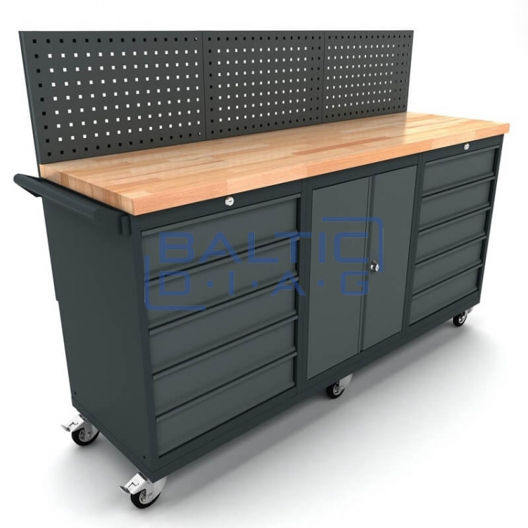 Mobile workbench with 2-door and 2x 5-drawer cabinets, including tool wall